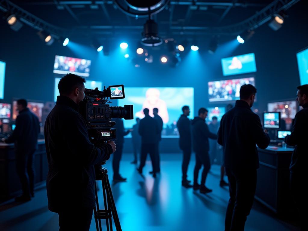 Live broadcast studio with camera crew