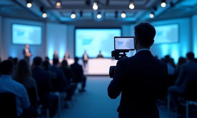 Corporate conference being filmed by crew