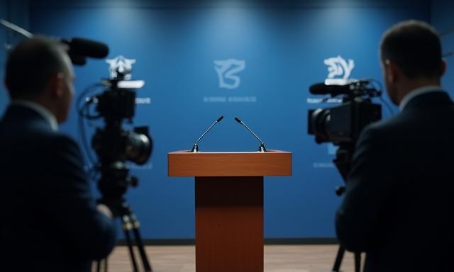 Press statement podium with microphones and cameras